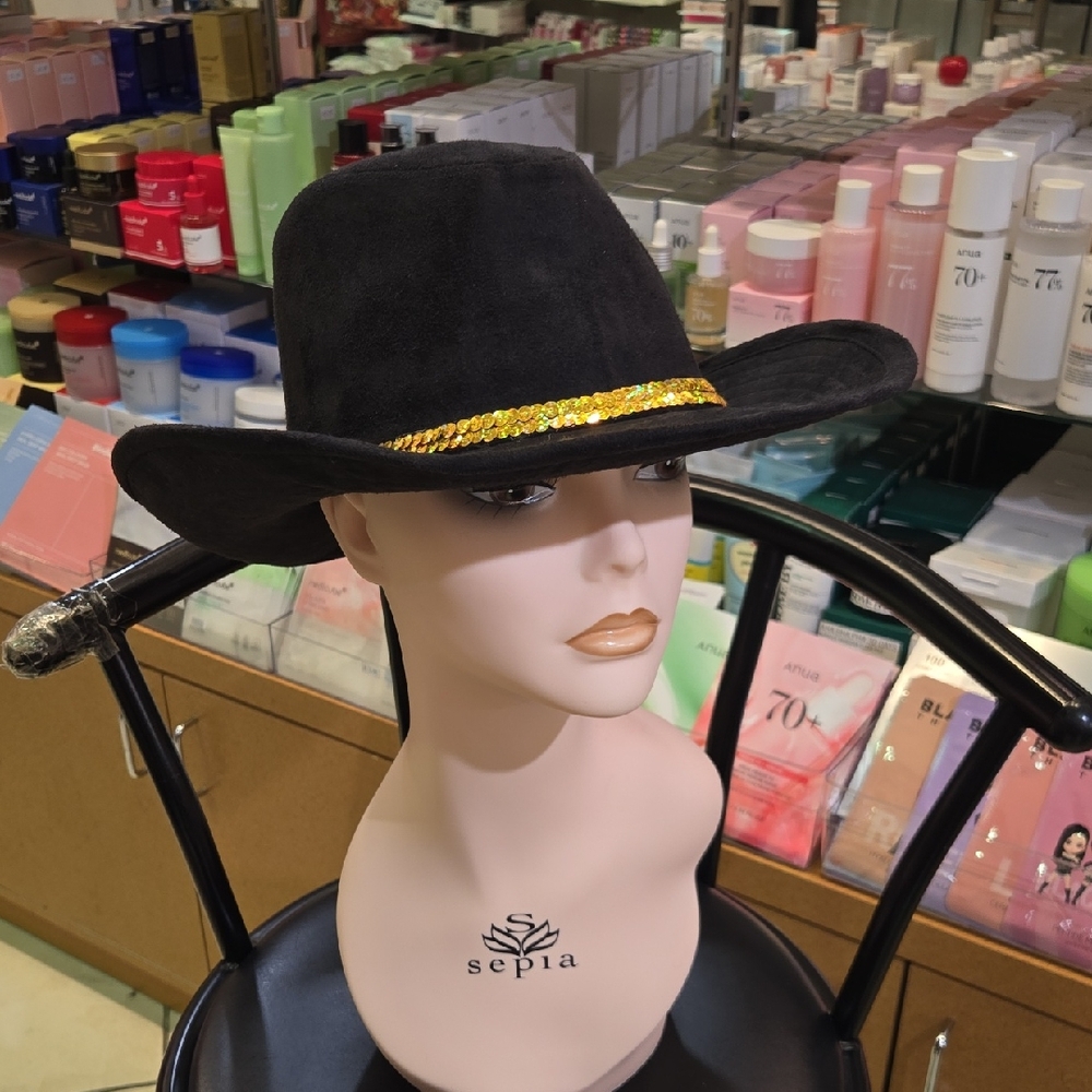 Black Suede Hat with Gold Sequin Band